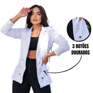 Blazer Feminino com Botões Dourados Neoprene – Casaco Social Elegante Moda Outono Inverno