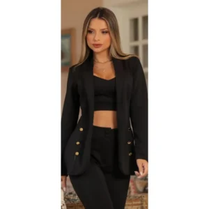 Blazer Feminino Maxi Longo Casaco Neoprene Social Com Botão Dourado